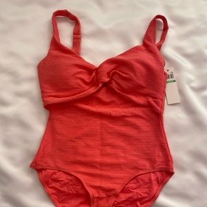 ANNE COLE Dream Weaver Twist Front Keyhole One Piece Swimsuit sz 8 Melon 17553